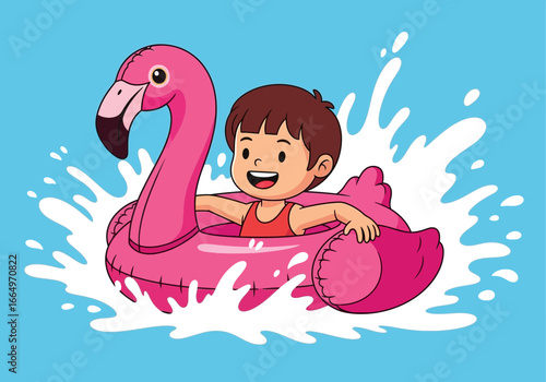 Joyful Child on a FlamingoShaped Inflatable Pool Tube
