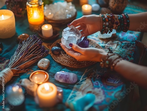 Close-Up of Hands Arranging Crystals Candles and Sage on Wooden Altar, spa treatment with candles