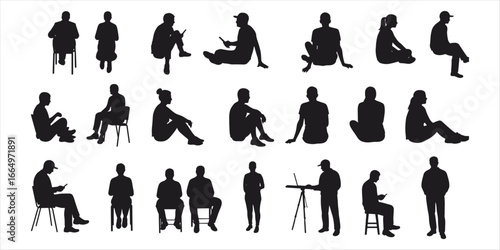 Collection of people silhouettes sitting and standing in different poses on white vector illustration