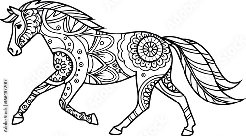 Ornate horse illustration with intricate line patterns art, Cute unicorn vector graphic design. Detailed horse head illustration with floral patterns ideal for coloring book enthusiasts delighting 