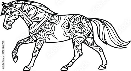 Ornate horse illustration with intricate line patterns art, Cute unicorn vector graphic design. Detailed horse head illustration with floral patterns ideal for coloring book enthusiasts delighting 
