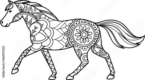 Ornate horse illustration with intricate line patterns art, Cute unicorn vector graphic design. Detailed horse head illustration with floral patterns ideal for coloring book enthusiasts delighting 