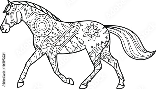 Ornate horse illustration with intricate line patterns art, Cute unicorn vector graphic design. Detailed horse head illustration with floral patterns ideal for coloring book enthusiasts delighting 
