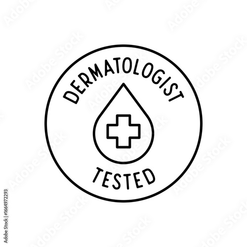 Dermatologist tested round label vector icon with medical cross and water drop outline design