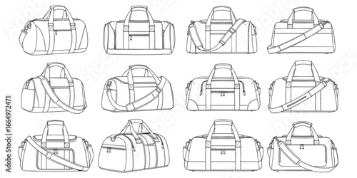 Collection of twelve duffel bag line art illustrations from various angles gym bag sports bag