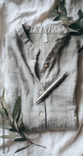 A taupe linen shirt lies on a white fabric background, adorned with eucalyptus sprigs and a silver pen resting on its chest.  The shirt is buttoned and has a mandarin collar