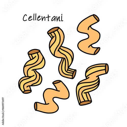 Spiral pasta cellentani, handful of italian macaroni on white background
