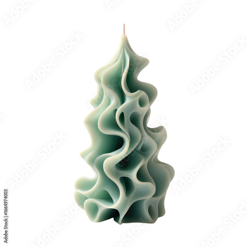 Abstract, sculpted candle in a light teal/mint green.  Intricate, layered, ruffled, and textured design resembles a stylized tree or stylized coral.  Dark background isolates the candle
