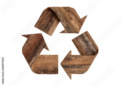 Recycled wood arrows forming a recycling symbol