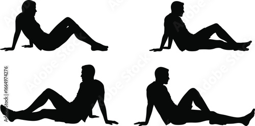Four male silhouettes reclining on their sides on a white background lying