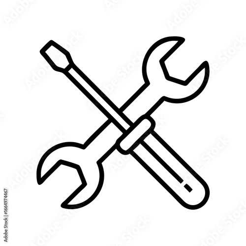 Wrench and screwdriver crossed icon in black and white outline design for tools and repair icon, symbol, sign, button, vector, tool, tools, wrench, illustration, repair, 