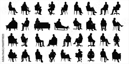 Large collection of black silhouettes of people sitting in chairs and on sofas group