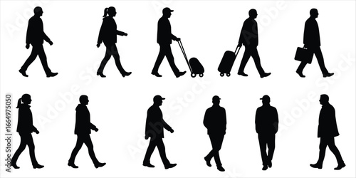People walking with luggage and briefcases in silhouette on white background suitcase