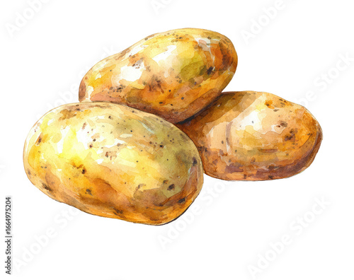 Three potatoes, hand-painted, yellowish-tan, speckled, slightly glossy