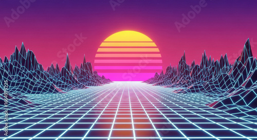 Vaporwave Landscape with a Glowing Sun, Grid, and Mountains in Neon Colors, Perfect for 80s Inspired Backgrounds and Digital Art Projects