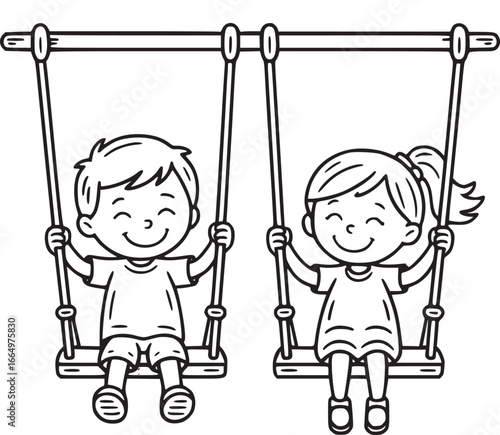 Joyful Play: Two children swinging on a playground swing set, exuding joy and the simplicity of childhood with a playful image. 