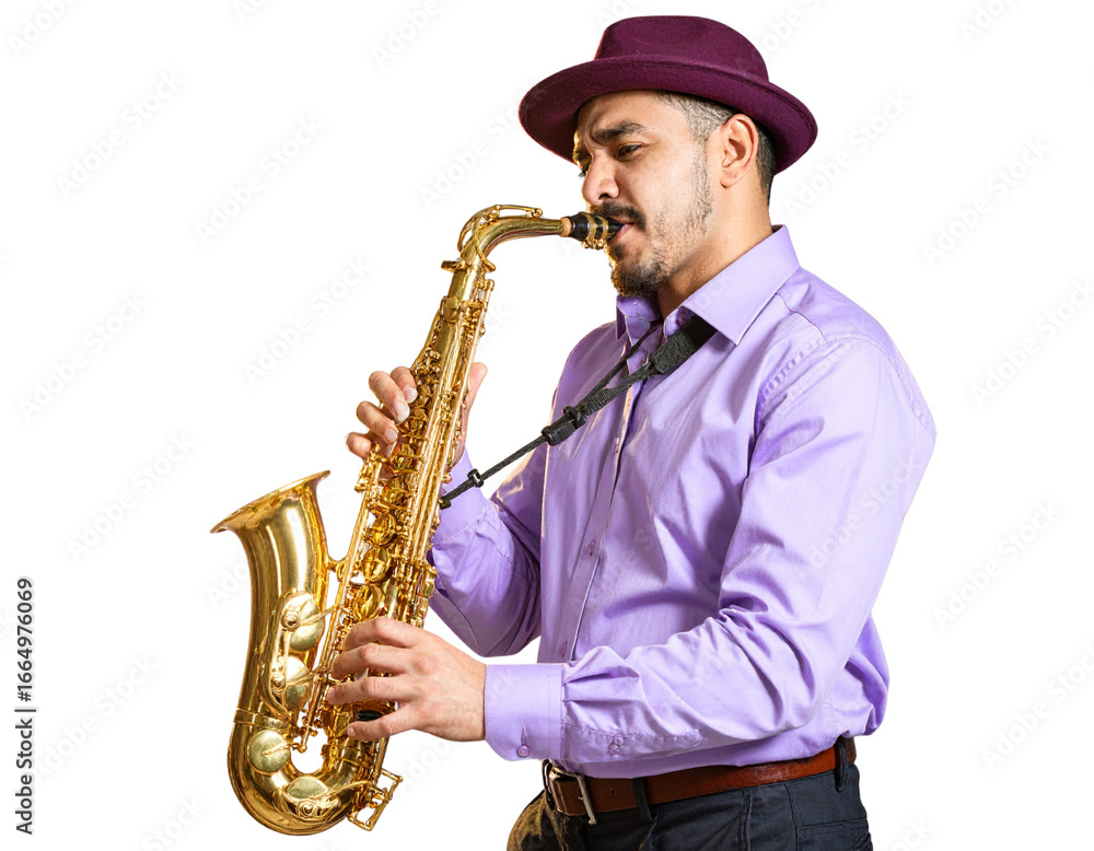Fototapeta premium Close-Up of Saxophone Player in Purple Shirt and Hat PNG