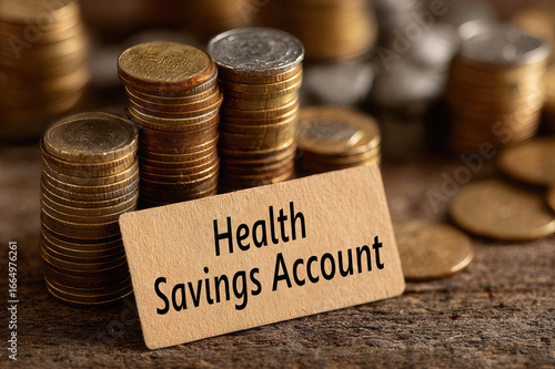 Stack of coins growing upward with Health Savings Account label card in front