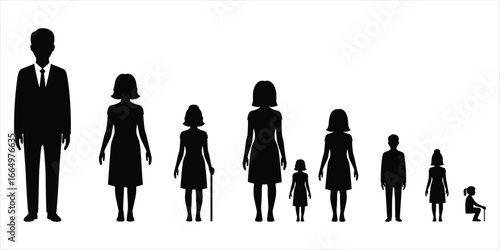 Silhouette of diverse people of different ages and heights in a line family generations
