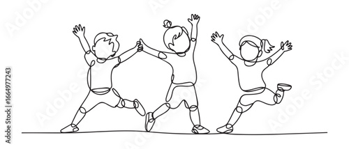Single one line drawing happy kids doing exercise. Fitness activity concept. Continuous line draw design. Vector black silhouette. with white background