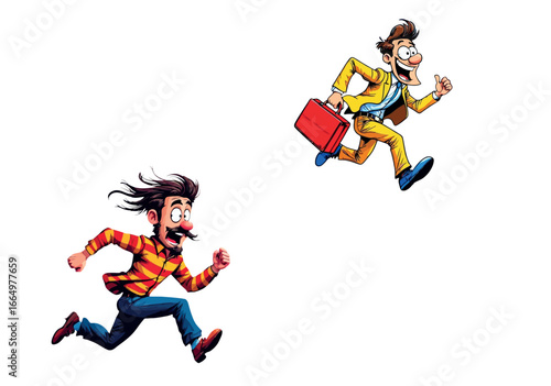 Vsai two cartoon men running in different directions, one carrying briefcase
