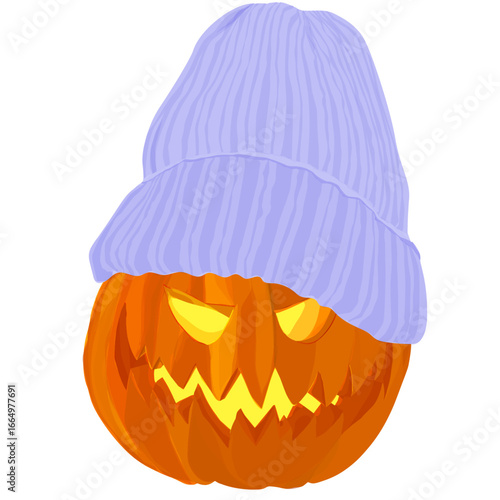 Cute pastel pumpkin with warm hat, ideal for Halloween graphic design projects.