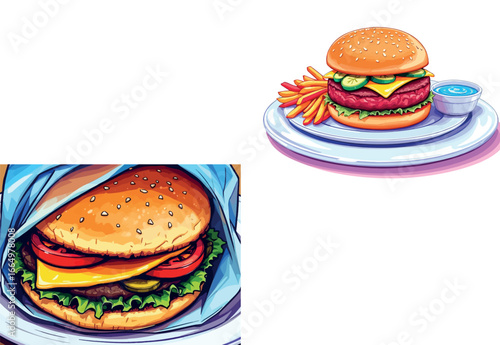 Vsai two delicious burgers wrapped and served on plates with french fries and dipping sauce
