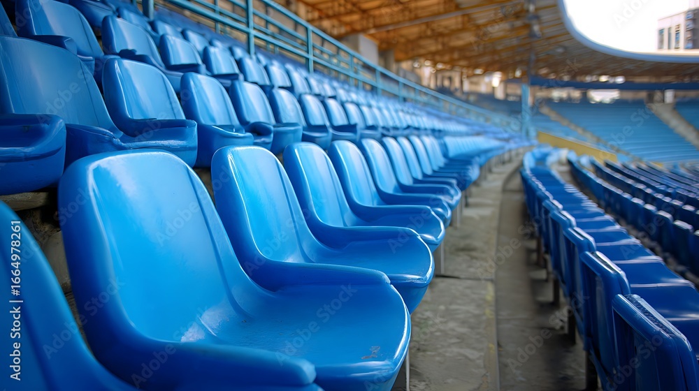 Fototapeta premium Awesome photo of rows of empty blue stadium seats in VIP area. Arena seating for football match or soccer game.