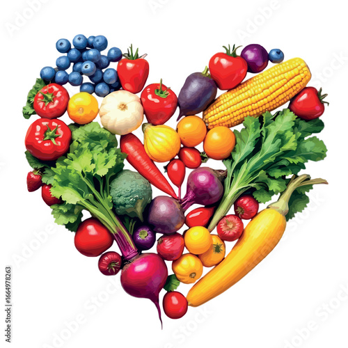 Vsai colorful vegetables and fruits forming a heart shape promoting healthy eating