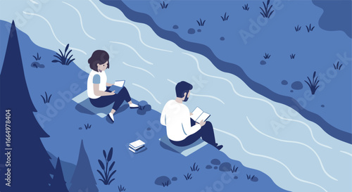 People reading by the river, near trees, showing a relaxed setting and peaceful moment