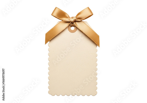 Elegant blank gift tag with gold ribbon bow isolated PNG with Transparent Background
