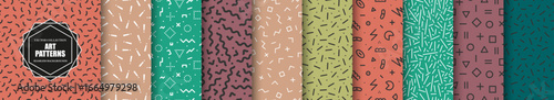 Collection of vector colorful geometric seamless patterns with shapes and symbols. Repeatable unusual trendy backgrounds in fashion retro style 80-90s. Vintage endless prints