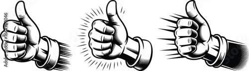 Thumbs Up Hand Gestures Set, Retro Approval Symbols Vector Illustration.