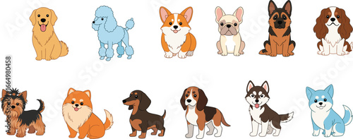 Cartoon dog breed collection – cute vector illustration of popular puppy breeds including husky, corgi, beagle, poodle, and more.