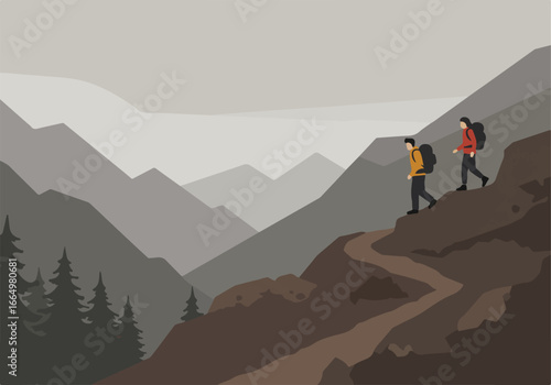 Hikers trek a winding path in mountains, promoting outdoor adventure and exercise