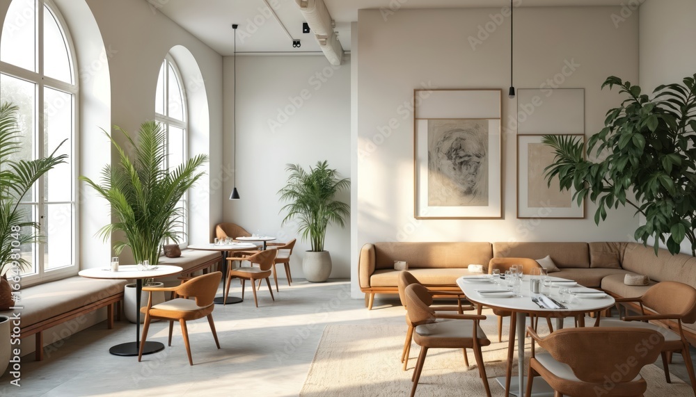 Obraz premium Modern gallery restaurant interior. White walls, stylish furniture, green plants, large windows, wood, concrete elements. Retro art, sunlight, empty tables. Cafe, eatery design. Minimalist style,