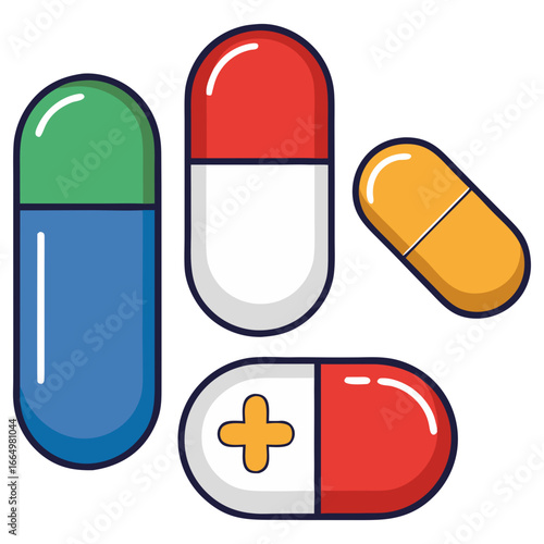 Colorful Capsules and Pills Vector Illustration on transparent Background.