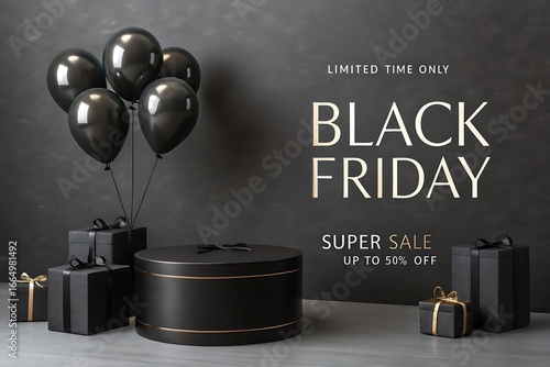 Black friday promotion banner showing glossy black balloons, decorative gifts with golden bows, cylinder pedestal and circular dark background, high quality 3d illustration for sales, ads and business