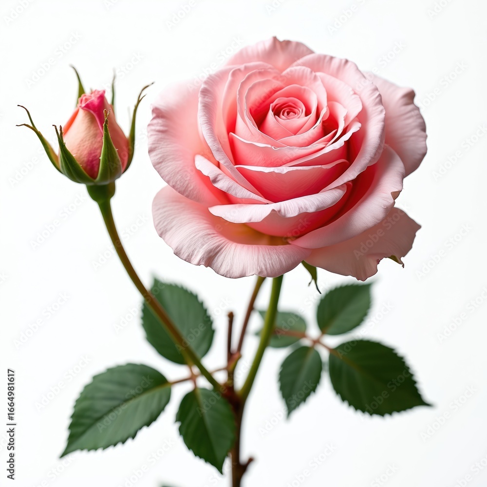 Obraz premium Pink rose blossom on white backdrop. Delicate petals, green leaves detail. Ideal for romance, love, beauty, wedding designs. Isolated flower perfect for greeting cards, Valentine Day decor.