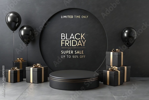 Black friday ecommerce advertising template with stylish black gift packages, gold ribbon bows, round podium stage and circle backdrop, minimal dark 3d render for limited time retail offers and online