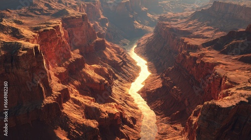 Aerial view of a river flowing through a canyon at sunset, background mountains. Landscapes