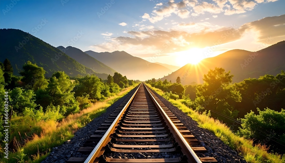 Fototapeta premium Sunset Railway Tracks Mountain View.