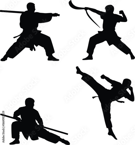 Martial arts silhouette vector, weapon poses, kung fu, karate, taekwondo, combat stances, high kick, staff, kama, dynamic action illustration