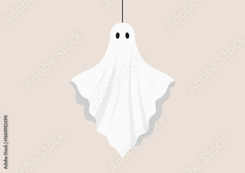 White hanging ghost decoration made from fabric with black eyes, spooky floating spirit symbol for Halloween holiday. Flat vector illustration
