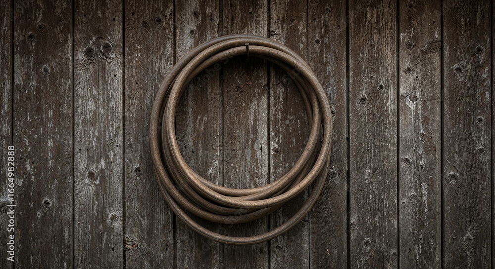 Fototapeta premium Garden hose coiled for storage on rusty nail against peeling shed wall in gritty natural lighting