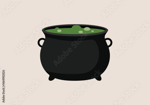 Black cauldron filled with bubbling green liquid, witch potion boiling for Halloween spooky magic decoration. Flat vector illustration