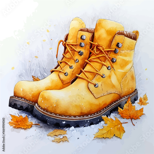 watercolor vector of Warm Boots Crunch Leaves, isolated on a white background.