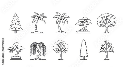 Collection of Various Tree Illustrations in Line Art Style for Nature and Botanical Designs