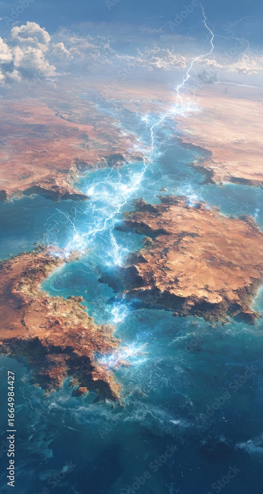 Naklejka premium Aerial view of a desert landscape with a powerful lightning strike traversing a body of water and land, showcasing dramatic lighting and textural contrasts between the arid terrain