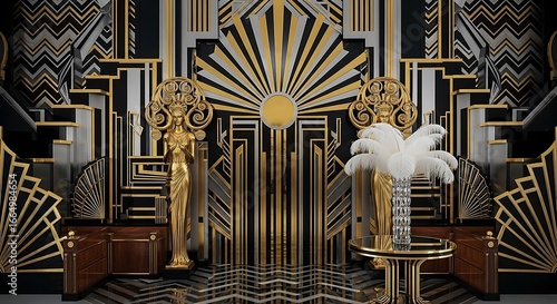 Opulent Art Deco Stage with Gold, Black Patterns, and Feathers.